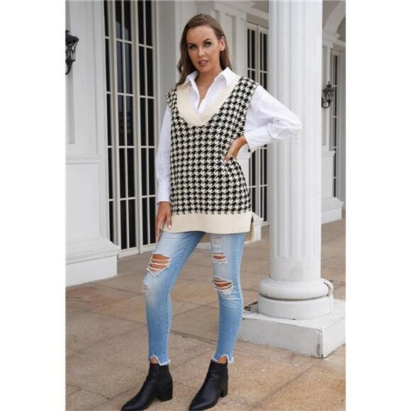 Beige Oversized Houndstooth Printed Knit Sweater Vest V Neck Sleeveless Sweater - Picture 2 of 7